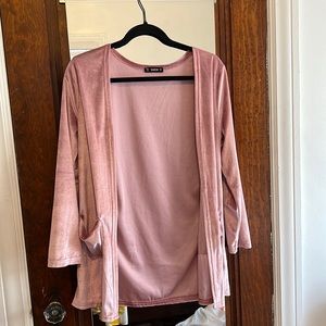 This is a light pink, new, velvet fancy cardigan from SHEIN. Comfy/affordable!